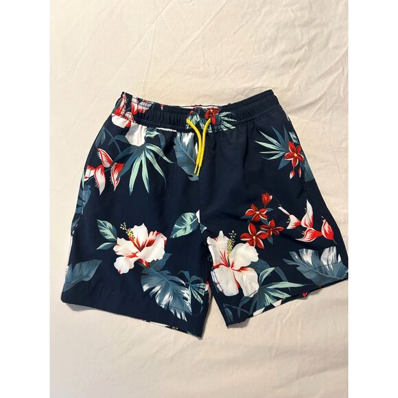 J. Crew Crewcuts Boys Swim Trunks Navy Blue Botanical Leaf And Flowers Size 7 - Picture 1 of 4